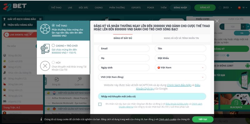 Các bước mở tài khoản chơi tại 22Bet khá đơn giản