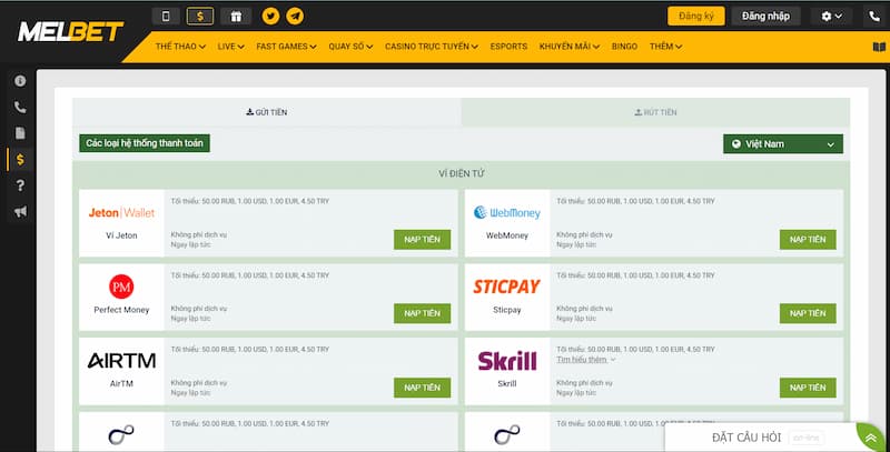 Hướng dẫn nạp tiền MelBet