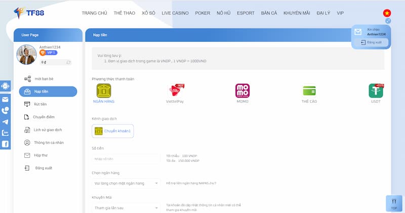 Hướng dẫn nạp tiền