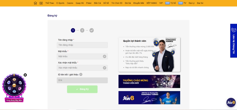 Chọn đăng ký Aw8 sau khi mọi thông tin cung cấp đã hợp lệ