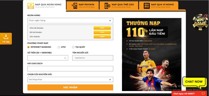 Nạp tiền Debet thông qua phương thức Paywin nhanh chóng